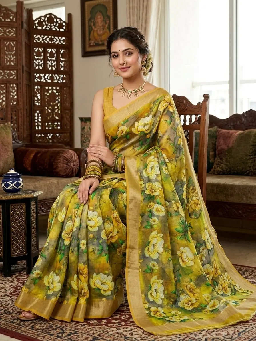 Mustard Yellow Cotton Saree
